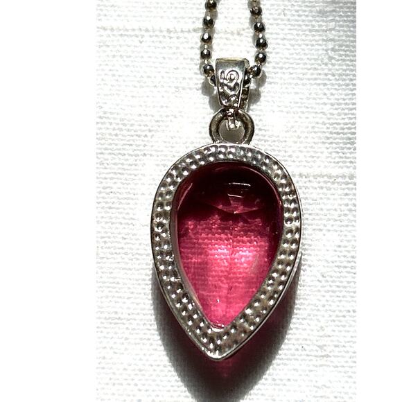 Deep Red Pink Translucent Teardrop Pendant on Sterling Ball Bead Chain 18” - Picture 10 of 10
